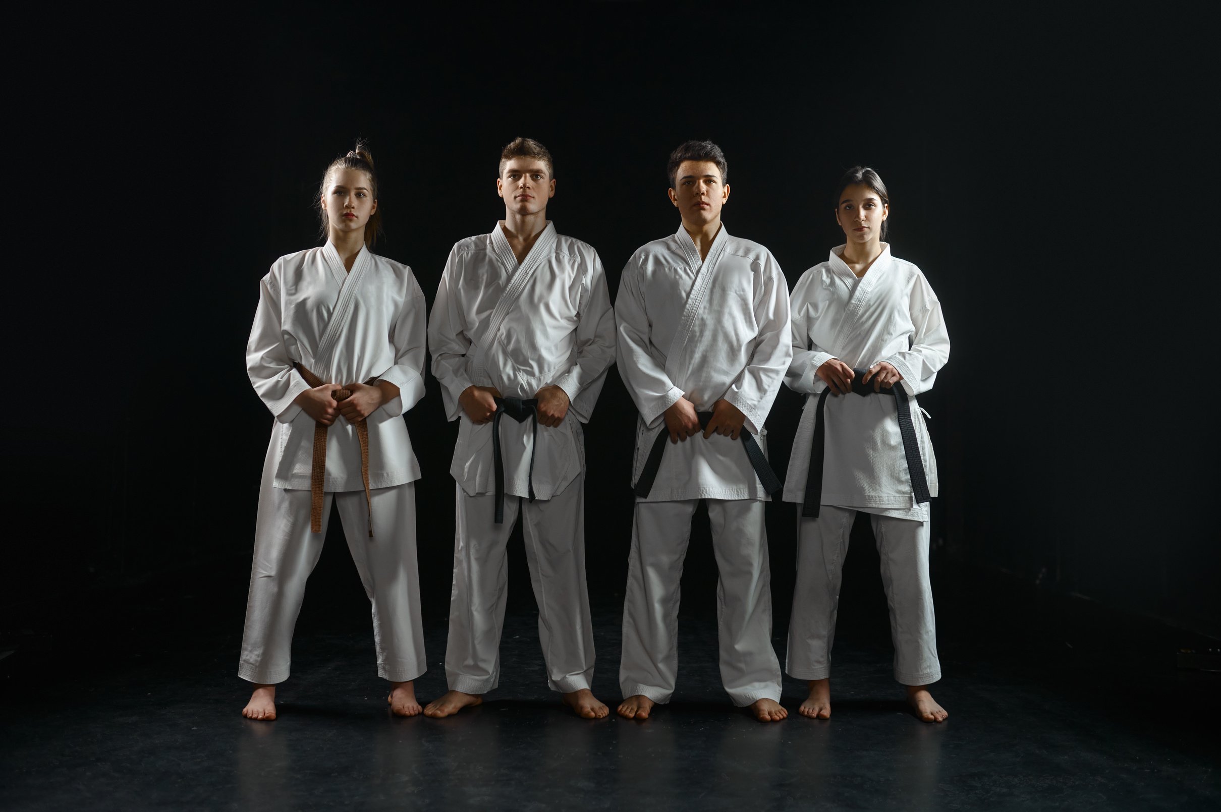 Four Karatekas in White Kimono, Group Training